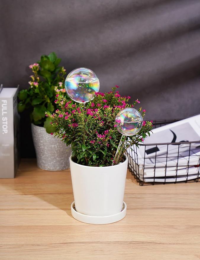 Tomorotec Iridescent Glass Self Watering Globes 6-Pack (3 Large+3 Small), Decorative Hand-Blown Rainbow Glass Watering Bulbs, Automatic Irrigation for Indoor & Outdoor Plants, Easy to Use and Maintain