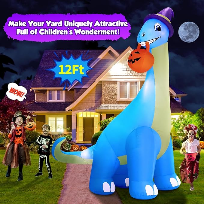 12Ft Giant Halloween Inflatable Decorations Dinosaur, Build-in LEDs & Strong Blower Bite Huge Pumpkin with Witch Hat Large Blow Up Halloween Yard Outdoor Indoor Holiday Party