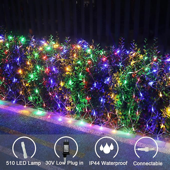 510 LED Christmas Net Lights, 27.9ft x 5ft Mesh Lights Outdoor Clear Wire 8 modes, Waterproof Connectable String Lights Plug in for Xmas Tree Bushes Garden Holiday Party Decorations - Multicolor