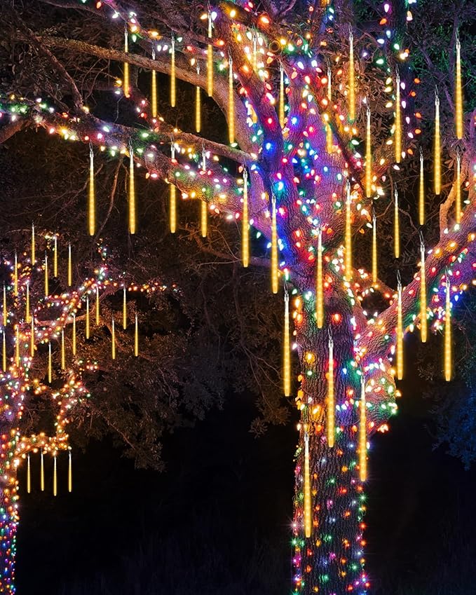 Warm White 20 Tubes Meteor Shower Icicle Lights 480 LED Raindrop Lights with Timer Function Cascading Falling Rain Light for Holiday Party Christmas Decorations