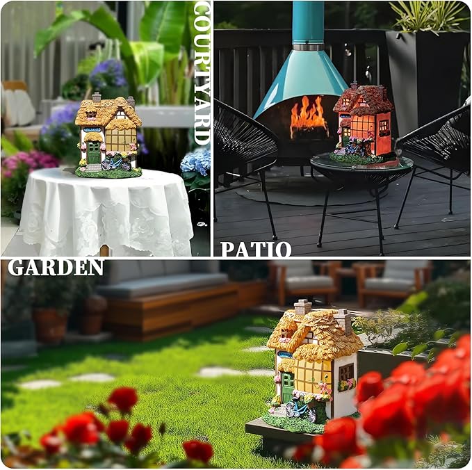 Rustic Thatched Flower Shop Resin Cottage – Fairy House Garden Statues Outdoor, Solar-Powered Warm Lights,Weatherproof, Spring Vines & Bicycle Décor,Perfect Home Gifts for Mom Wife Grandma