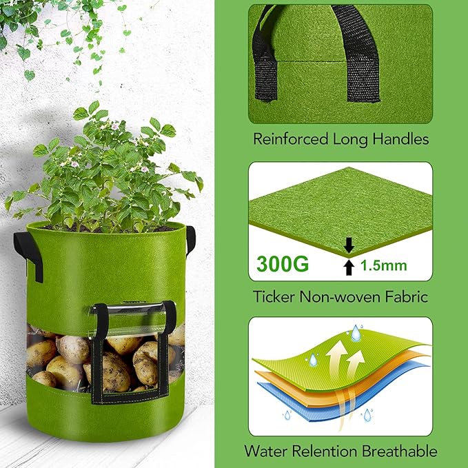 Visible Tomato/Strawberry/Sweet Potato/Carrot/Potato Grow Bags 7 Gallon 3-Pack, Heavy Duty Thickened Aeration Nonwoven Fabric Pots with Handles, Come with 3-Pcs Plant Labels&Lens Hoods