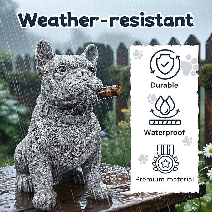 Dog Solar Garden Statue with LED Light - Outdoor Yard, Lawn, Patio French Bulldog Decor - Unique Birthday Housewarming Gift for Dad, Mom, Men, Women