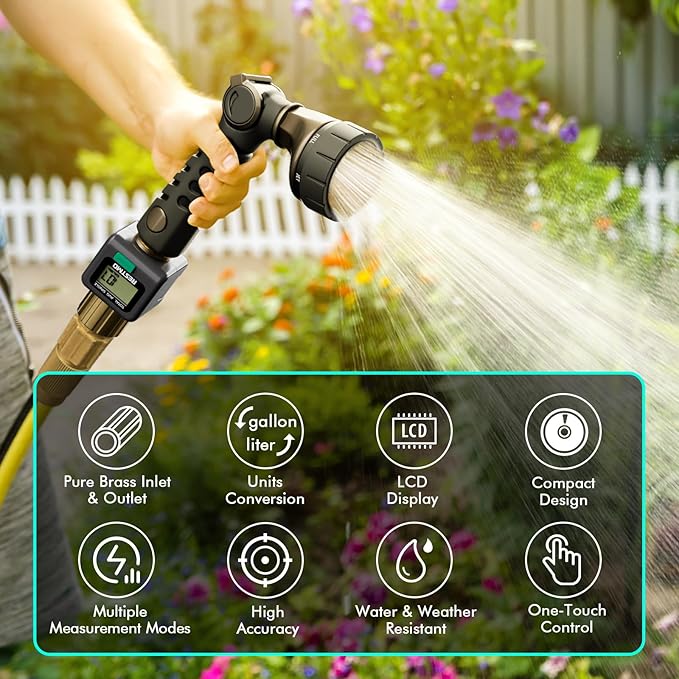 RESTMO Water Flow Meter with Brass Inlet & Outlet, Measure Gallon/Liter Consumption and Flow Rate for Outdoor Garden Hose Watering, RV Water Tank Filling, Lawn Sprinkler and Nozzle Sprayer