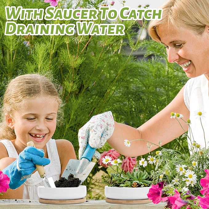 ZOUTOG Succulent Pots, 6 inch White Ceramic Flower Planter Pot with Bamboo Tray, Pack of 2 - Plants Not Included