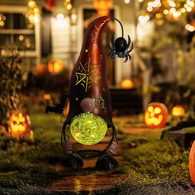 Halloween Decorations Outdoor Gnome Solar Lights, Color Changing LED Lights with Spider Web Hollowed-Out Hat, Spooky Halloween Outdoor Decorations for Garden, Patio, Yard, Pathway (Pumpkin)