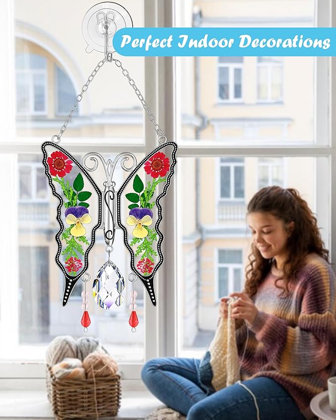 KY&BOSAM Butterfly Suncatchers for Windows - Stained Glass Crystal Wind Chimes with Metal Charms, Colorful Rainbow Prisms Garden Decor for Mom/Grandma, Christmas Wedding Gifts (8" Hanging Ornaments)