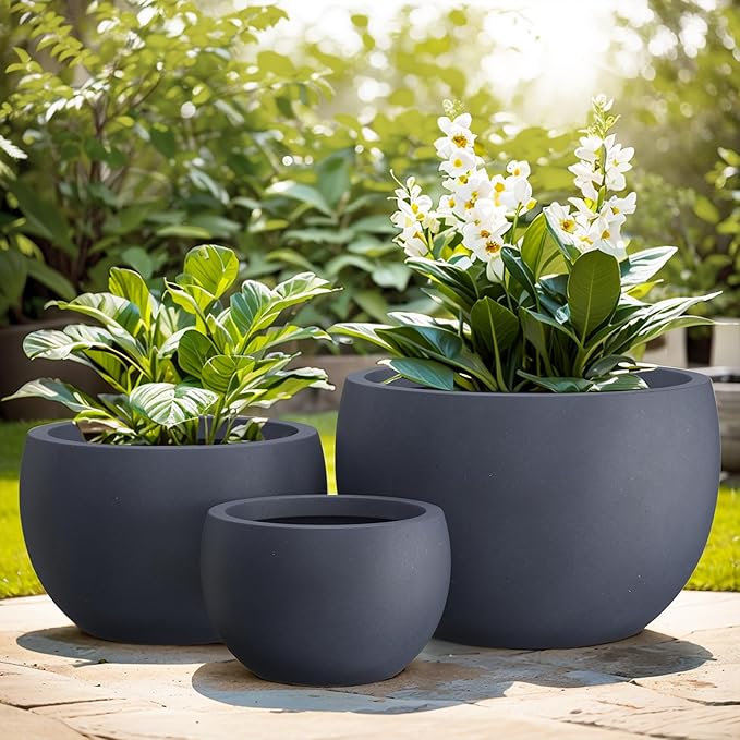 Kante 19.9",15.7",11.8" Dia Round Concrete Planter Set of 3, Outdoor/Indoor Large Bowl Plant Pots with Drainage Hole and Rubber Plug for Garden Patio Balcony Home, Dark Gray
