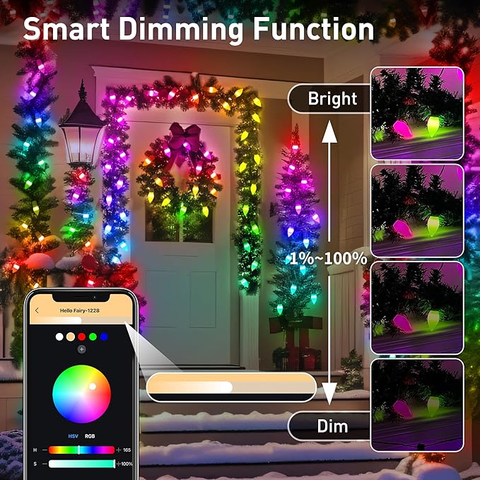 Smart C9 LED Christmas Lights Outdoor, 66FT 100 LED Vintage RGB String Lights with Bluetooth App Control, Music Sync, 105 Modes, IP65 Waterproof for Christmas, Party, Garden, Patio, Commercial Decor