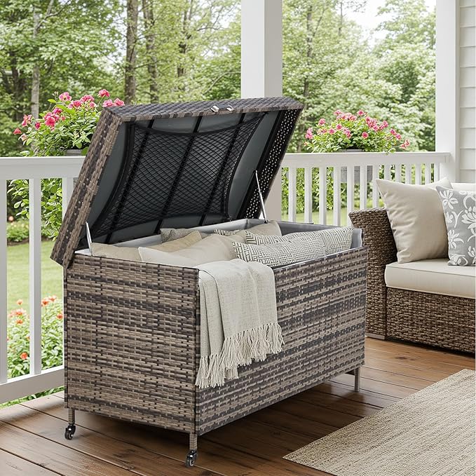 AVAWING 240 Gallon Wicker Deck Box, Outdoor Storage Box with Portable Wheels and Handles, Waterproof Patio Rattan Container for Garden, Balcony, Yard (Grey)