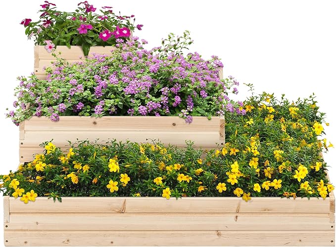 Yaheetech 3 Tier Wooden Raised Garden Bed 44.5'' L×44.5W×20.5×H, Horticulture Open-Bottom Planter Raised Garden Bed for Flowers/Herbs/Vegetables Planter Flower Box