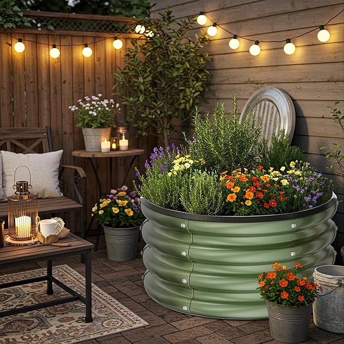 ZXZYHFTY Round Galvanized Raised Garden Bed kit,Green Outdoor Garden Raised Planter Box, Round Large Metal Raised Garden Beds for Vegetable 2 * 2 * 1ft 2 Pcs