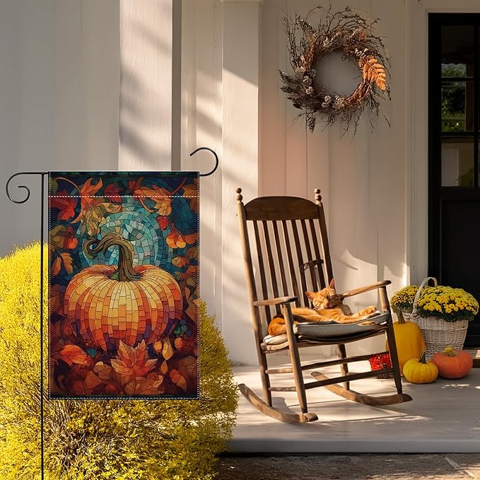 Garden Flags, Garden Flag, Stained Glass Style Pumpkin Maple Leaf Double-Sided Flags for Farmhouse Yard Outdoor Decoration-12 x 18inch (Pumpkin-4)