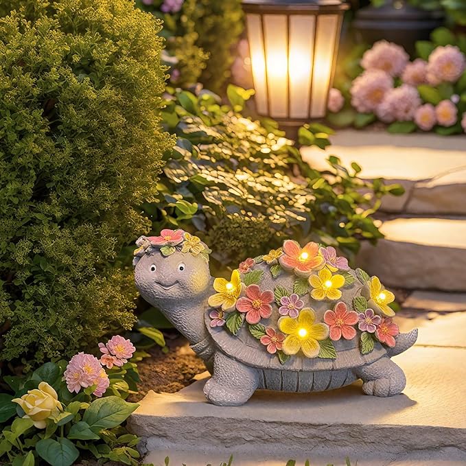 Solar Turtle Statues Garden Decor - Cute Turtle Figurine with Flowers Solar Lights, Tortoise Statue for Outdoor Yard, Lawn, Patio Decoration - Birthday Gifts for Mom Grandma Women
