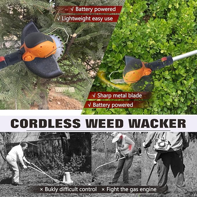 Electric Weed Wacker Eater Cordless Battery Powered, Weed Trimmer 4.0Ah Lightweight No-String with 2 Battery Operated & Wheels, 3 in 1 Stringless Grass Trimmer/Edger/Brush Cutter for Garden Yard Lawn