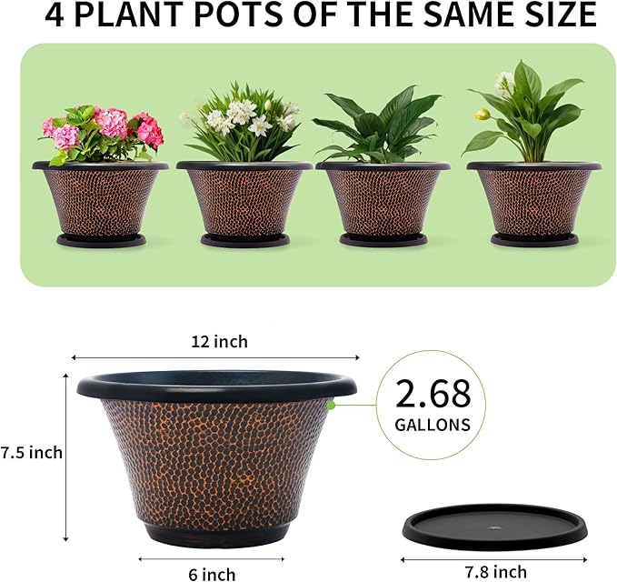 Quarut 12 Inch Pots for Plants,4 Pack Large Flower Pots with Drainage Hole & Saucer,Modern Planters for Indoor Outdoor Plants,Decorative Resin Garden Pots Brown