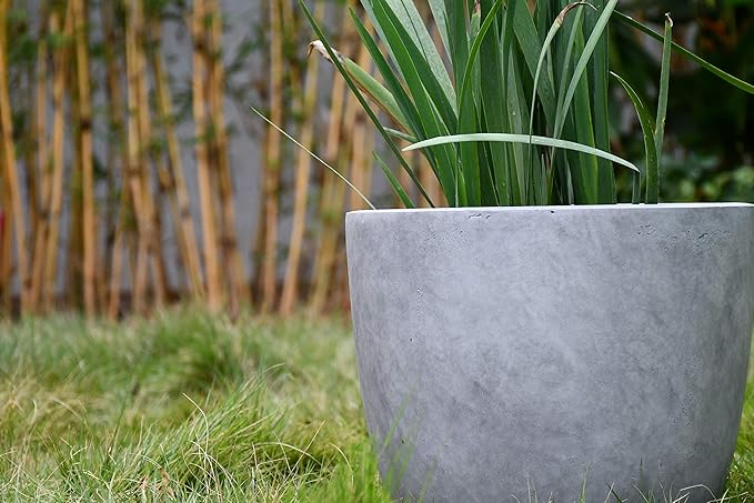 Kante 14 Inch Dia Round Concrete Planter, Indoor Outdoor Large Plant Pot with Drainage Hole and Rubber Plug for Home Patio Garden, Natural Concrete