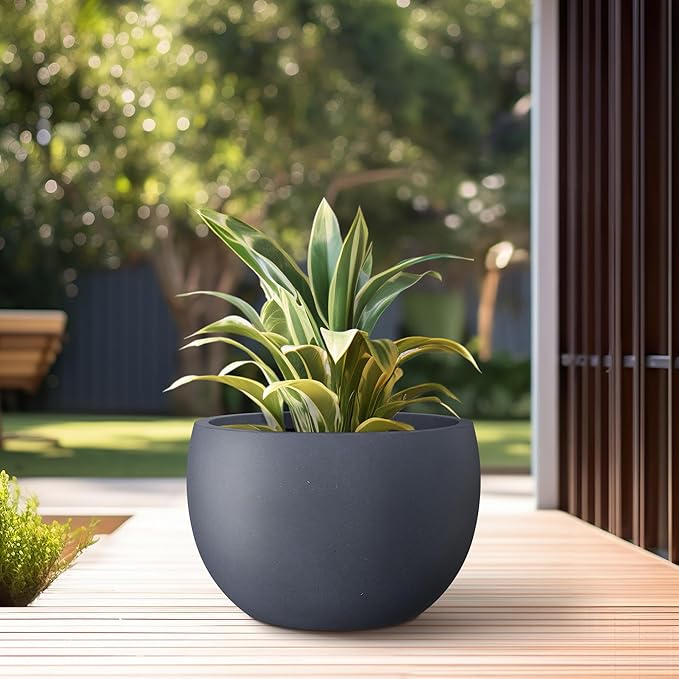 Kante 15.7" Dia Round Concrete Planter, Outdoor/Indoor Large Bowl Plant Pots with Drainage Hole and Rubber Plug for Garden Patio Balcony Home, Charcoal