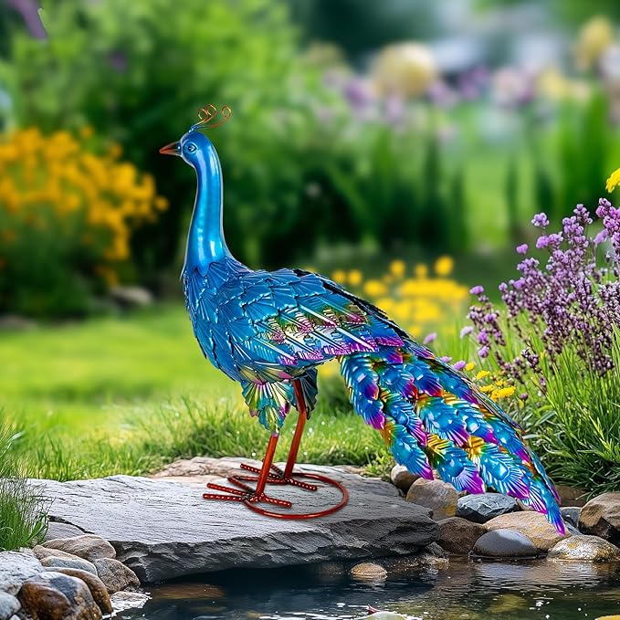 Peacock Yard Art Garden Decor Metal Peacock Outdoor Statue & Sculpture for Patio Lawn Backyard Decorations Vibrant Multicolor, Blue