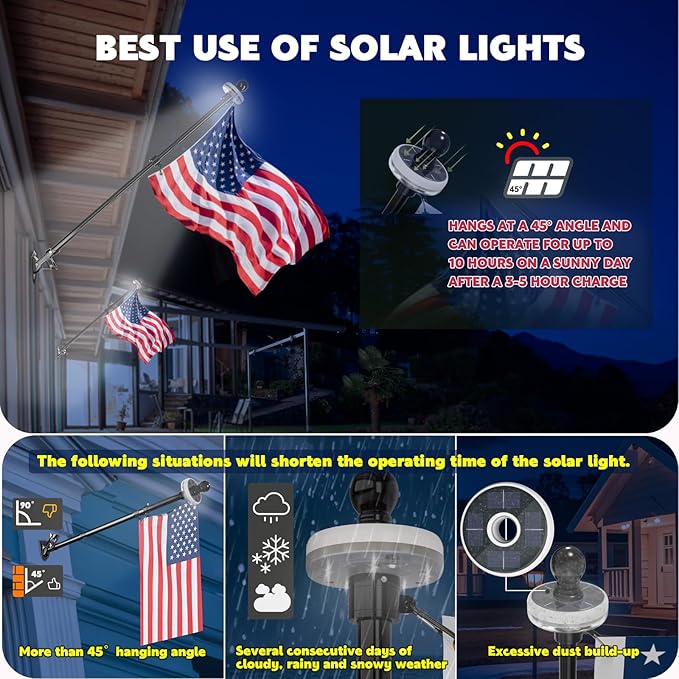 ZMTECH 2 Pcs 6 FT Flag Pole with Solar Light - Adjustable Bracket, Stainless Steel Flag Poles for Outside House, Tangle Free Flag Pole Holder Kit for American Flag (Without Flag, White)