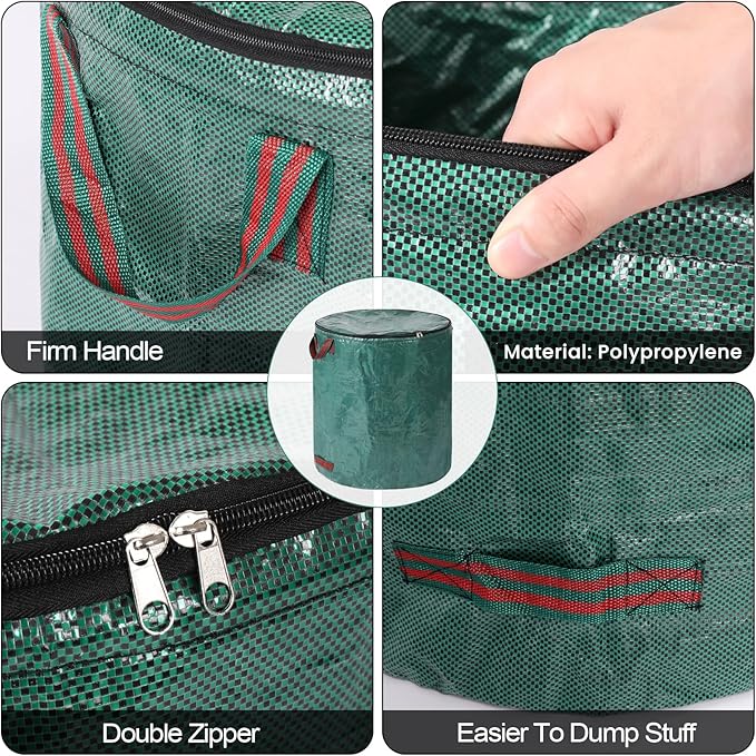 2 Pack 32 Gallons Reusable Yard Waste Bags with Zipper Lid Garden Waste Bags with 4 Handles Outdoor Heavy Duty Gardening Lawn Leaf Bags Large Garden bags for Collecting Leaves Weeds Debris