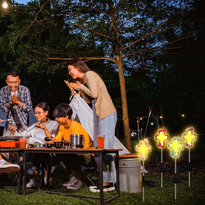 Retisee 4 Pack Halloween Decoration Flowers Cross Garden Stake Solar Lights Outdoors Cemetery Yard Decor Jesus Cross Sympathy Memorial Gift Waterproof for Garden Lawn Patio Pathway Decor