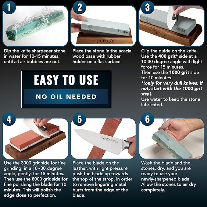 Cutluxe Whetstone Knife Sharpener – Sharpening Stone Kit, Professional 4 Side Grit 400/1000/3000/8000, Non Slip Acacia Wood Base, Angle Guide, Black Flattening Stone, Leather Strop