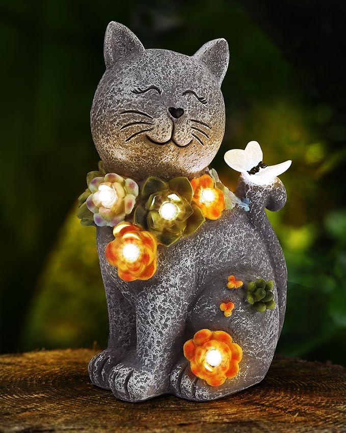 Solar Garden Statues Outdoor Decor, 6 LED Cat Flowers Butterfly Figurine Lights, Waterproof for Balcony Patio Porch Lawn Yard Ornament Art - Gift Ideas for Housewarming Gardening Grandma Women