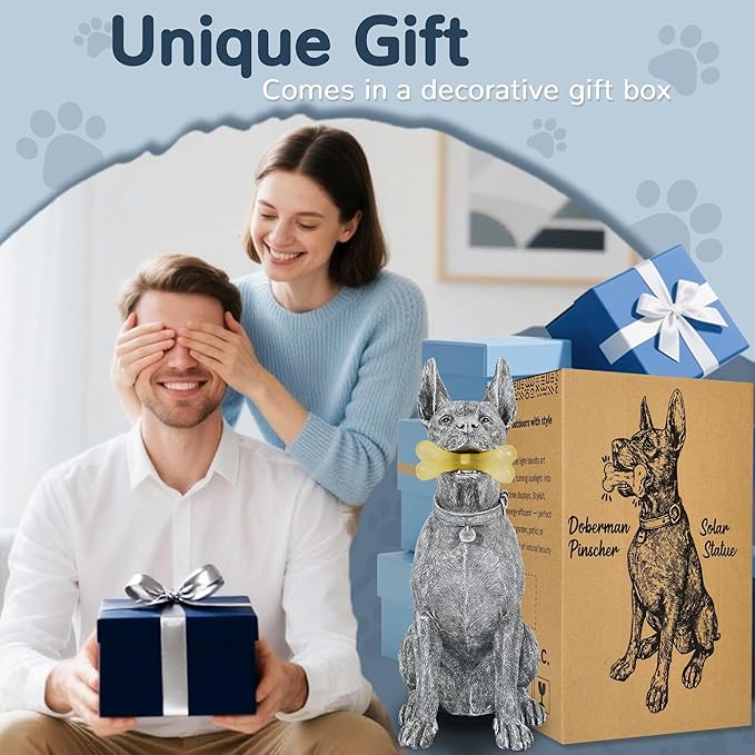 Dog Solar Garden Statue with LED Light - Outdoor Yard, Lawn, Patio Doberman Decor - Unique Birthday Housewarming Gift for Dad, Mom, Men, Women