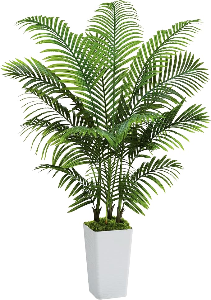 Artificial Palm Tree Artificial Silk Plant Fake Tree with White Tall Planter Faux Tropical Areca Floor Plant in Pot (1, White Tall Planter, 5 FT)