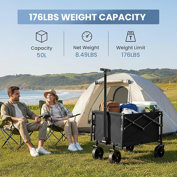 DUMOS Collapsible Wagon with Wheels, 176 lbs Wagons Carts Foldable Wagon Cart with Flexible Handle, Lightweight Portable Folding Utility Grocery Shopping Cart for Grocery Sports Garden Camping