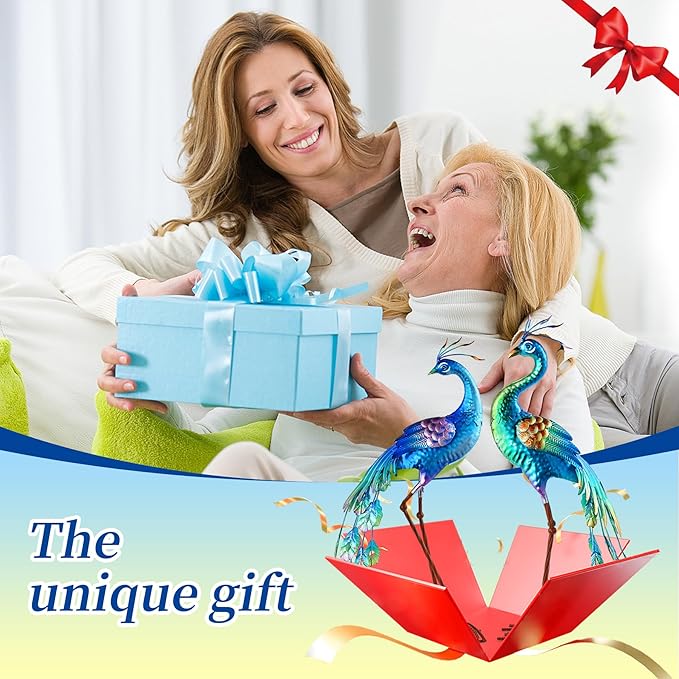 chisheen Metal Peacock Statue Garden Decor Yard Art Decoration Outdoor Sculpture,Set of 2,Housewarming Birthday for Women Mom