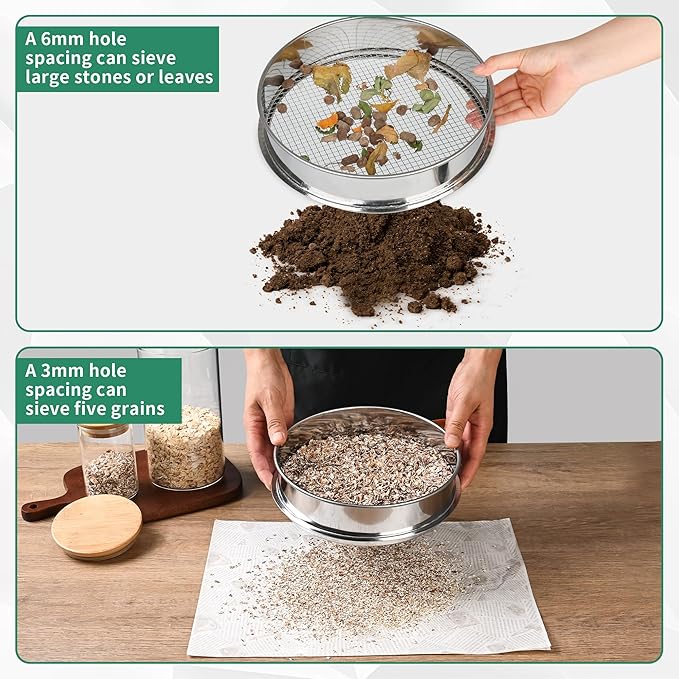2 Pcs Garden Soil Sifter, Stainless Steel Mesh Screen Dirt Sifter, Sifting Pan-Sieve for Sand Rocks Dirt Compost, 1/4" and 1/8" Mesh