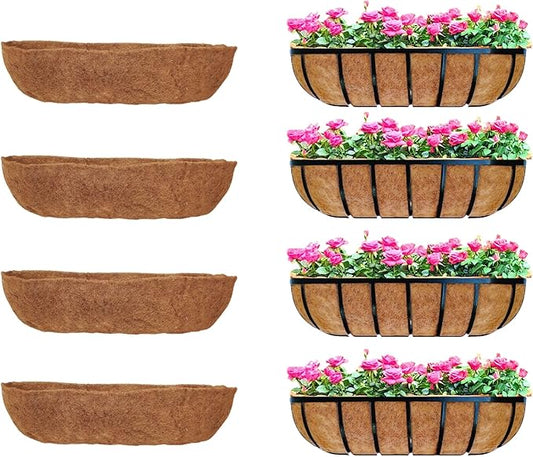 Maxona 24 inch 4 Pack Trough Rectangular Coco Liner for Window Box Planter: Thick Coconut Coir to Support The Soil Replacement for Wall Hanging Basket, Rectangle Pre-Formed Fiber Husk, Garden Fence