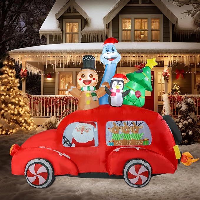 7.5 FT Long Christmas Inflatables Gingerbread Man Penguin Dinosaur with Xmas Tree and Santa Outdoor Decorations, Inflatables Car Blow up with Built-in LED Lights for Party Lawn Outdoor Yard