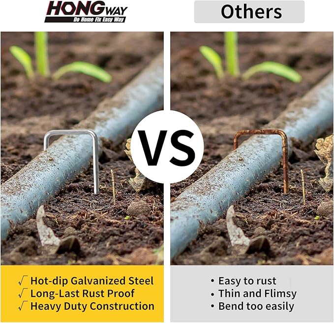 HongWay 6 Inch 25pcs Landscape Staples, 11 Gauge Galvanized Garden Stakes and U-Shaped Pins for Landscaping Fabric Weed Barrier Irrigation Tubing
