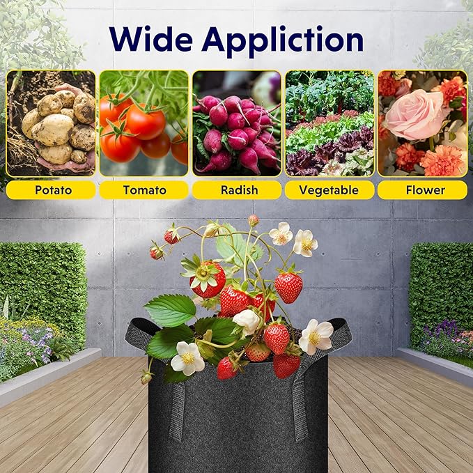 iPower 5 Pack 7 Gallon Plant Grow Bags, Thickened Nonwoven Aeration Fabric Pots Heavy Duty Durable Container, Strap Handles for Garden, Black