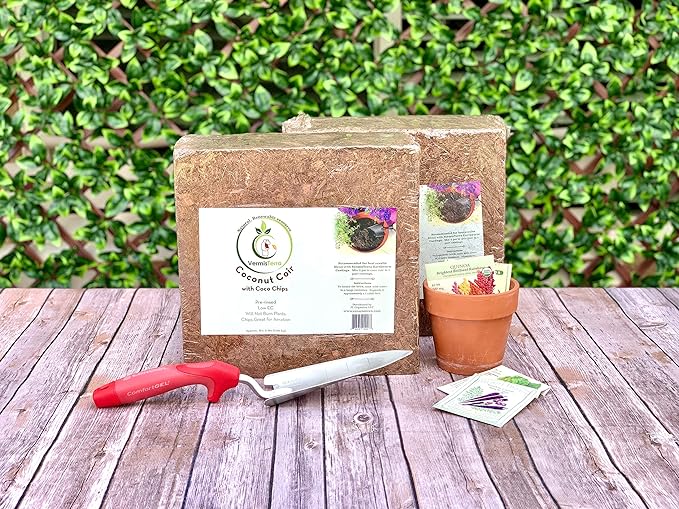 Coco Coir and Chips, Compressed Brick - Approx 9 LB (1.7 cu ft) - for Container Garden and Potting Mix, Coconut Coir with Chunky Chips for Aeration and Stability