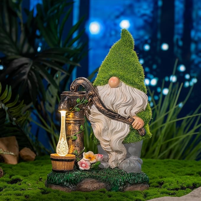 TERESA'S COLLECTIONS Garden Gnomes Decor with Solar Lights, Fathers Gifts, Green Outdoor Resin Decorations for Porch Patio, Gnome Ornaments for Dad and Mom,9"