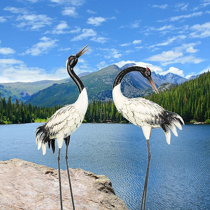 chisheen Garden Crane Statues Outdoor Heron Red Crowned Crane Metal Yard Art Sculpture,Set of 2