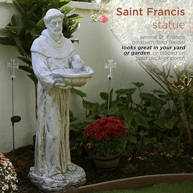Alpine Corporation 45" Tall Outdoor Saint Francis Birdbath Statue Yard Art Decoration, Light Gray