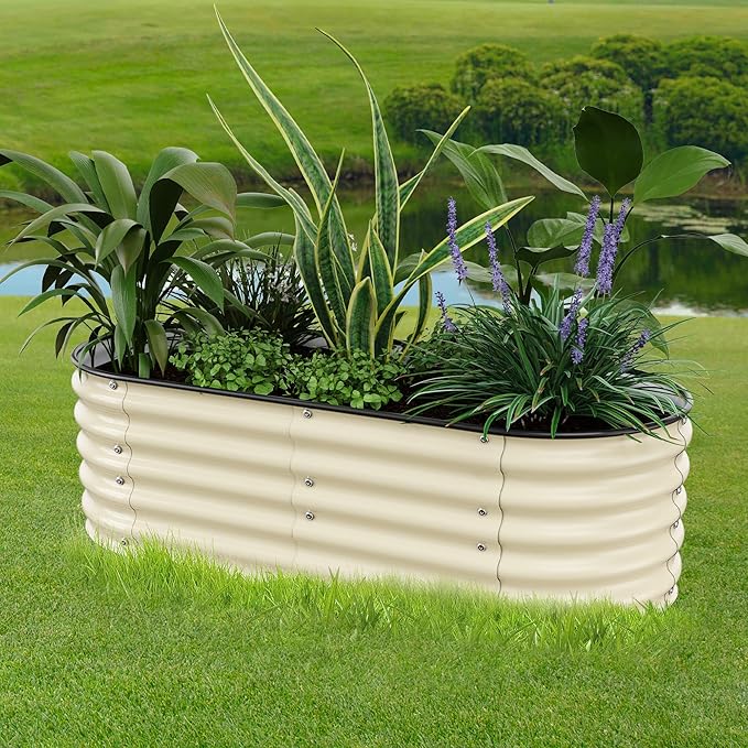 Raised Garden Bed 5x2x1.4 Ft Planter Box Outdoor with Rubber Edge Zinc-Aluminum-Magnesium Stainless Steel Durable Metal Garden Beds Kit for Vegetables, Flowers, Herbs and Succulents, Ivory