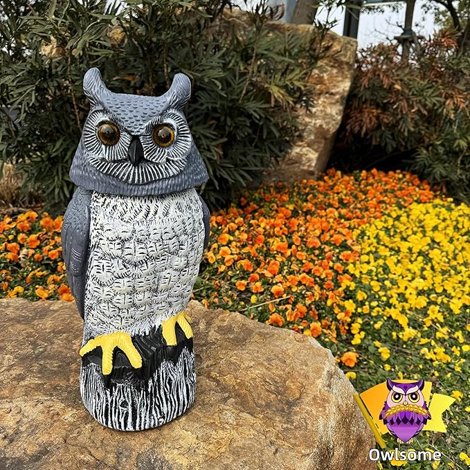 Owlsome Solar Owl with Colored Flashing Eyes, Rotating Head, Hoot Sound, Motion Detector and Silent Mode, Plastic Owl Garden Sculpture, Garden Decoration