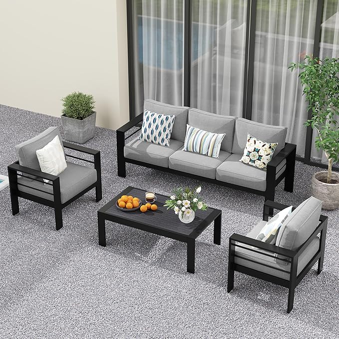 Solaste Aluminum Patio Furniture Set, 5 Seats Modern Outdoor Conversation Set Sectional Sofa with Upgrade Cushion and Coffee Table,Black Frame and Grey Cushion