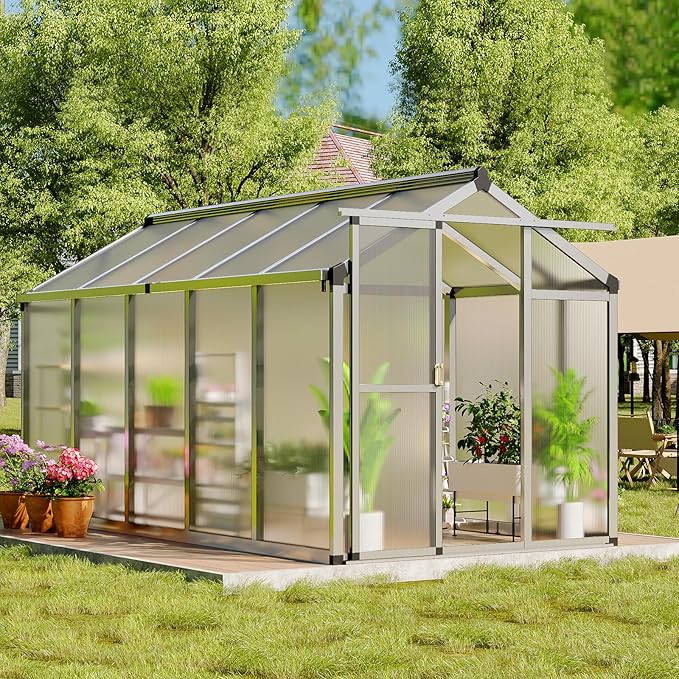 6x10 FT Greenhouse, Easy Assembly Aluminum Polycarbonate Greenhouses for Outdoors with Roof Vent, Large Aluminum Walk-in Greenhouse for Sunroom Patio, Backyard, Garden, Sliding Lockable Door, Silver