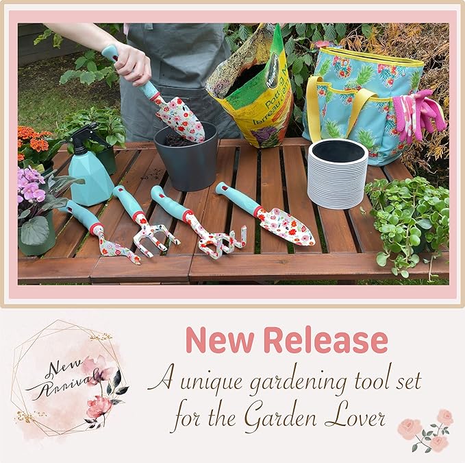 Floral Garden Tool Set| Gardening Gifts for Women Birthday| Heavy Duty Tools Kit|Storage Tote Bag Organizer| Pruning Shears| Gardener Gloves| Sprayer| Weeder| Trowel (Floral Set)