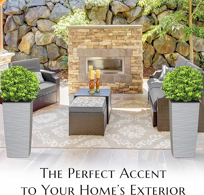 Mueller M-Resin Heavy Duty Tall Planter, Indoor/Outdoor Grande Plant, Tree, Flower Pot, 2-Piece Set, 24”, Modern Design, Built-in Drainage, Light Gray