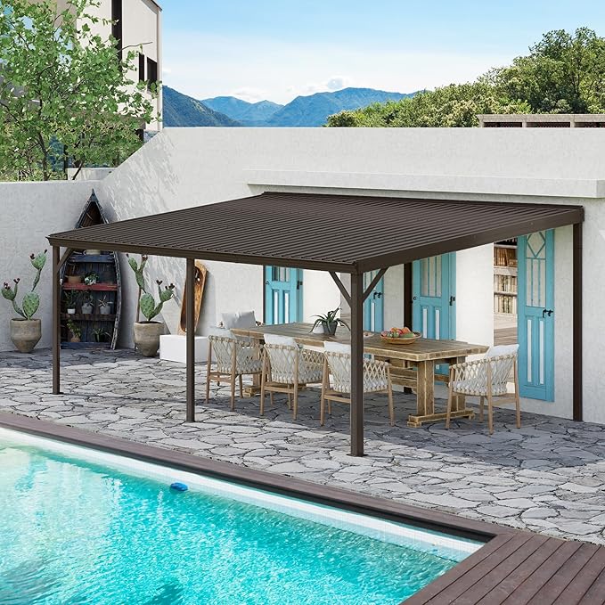 12x20FT Lean to Gazebo, Outdoor Hardtop Wall Mounted Gazebo with Gutter & Sloping Galvanized Steel Roof, Metal Hard Top Awnings for Deck, Porch, Backyard -Brown
