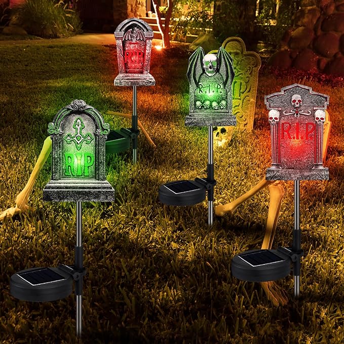 Retisee 4 Pack Halloween Tombstone Solar Lights Outdoors Graveyard Tombstones Glow in The Dark Solar Yard Decorations Waterproof Lights Pathway Halloween Party Favors for Lawn Porch LED(Gravestone)