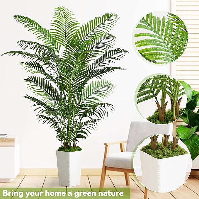 Artificial Palm Tree Artificial Silk Plant Fake Tree with White Tall Planter Faux Tropical Areca Floor Plant in Pot (1, White Tall Planter, 6 FT)